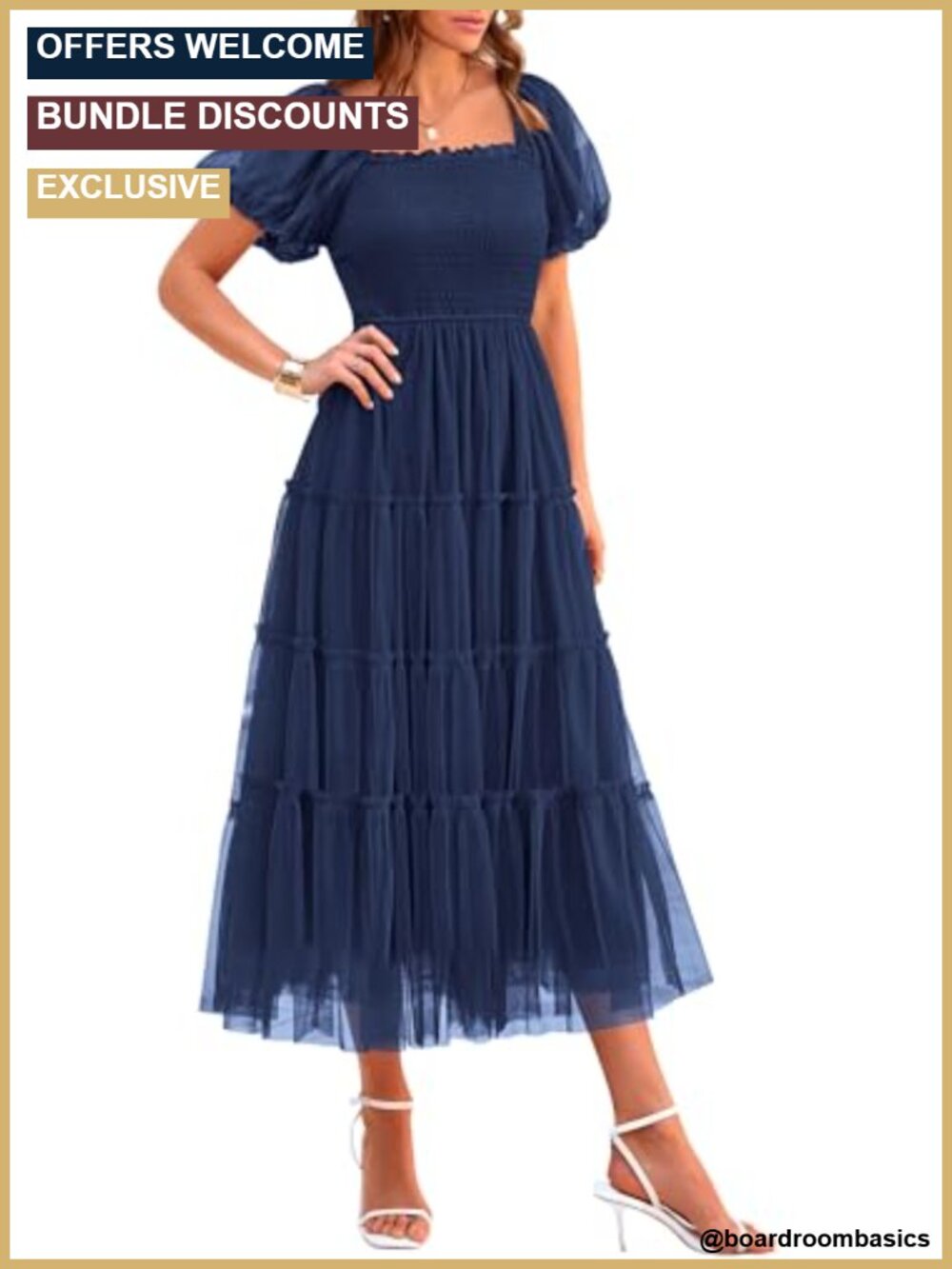 Smocked Midi Tulle Dress Square Neck Puff Sleeve Tiered Ruffle Fit Flare